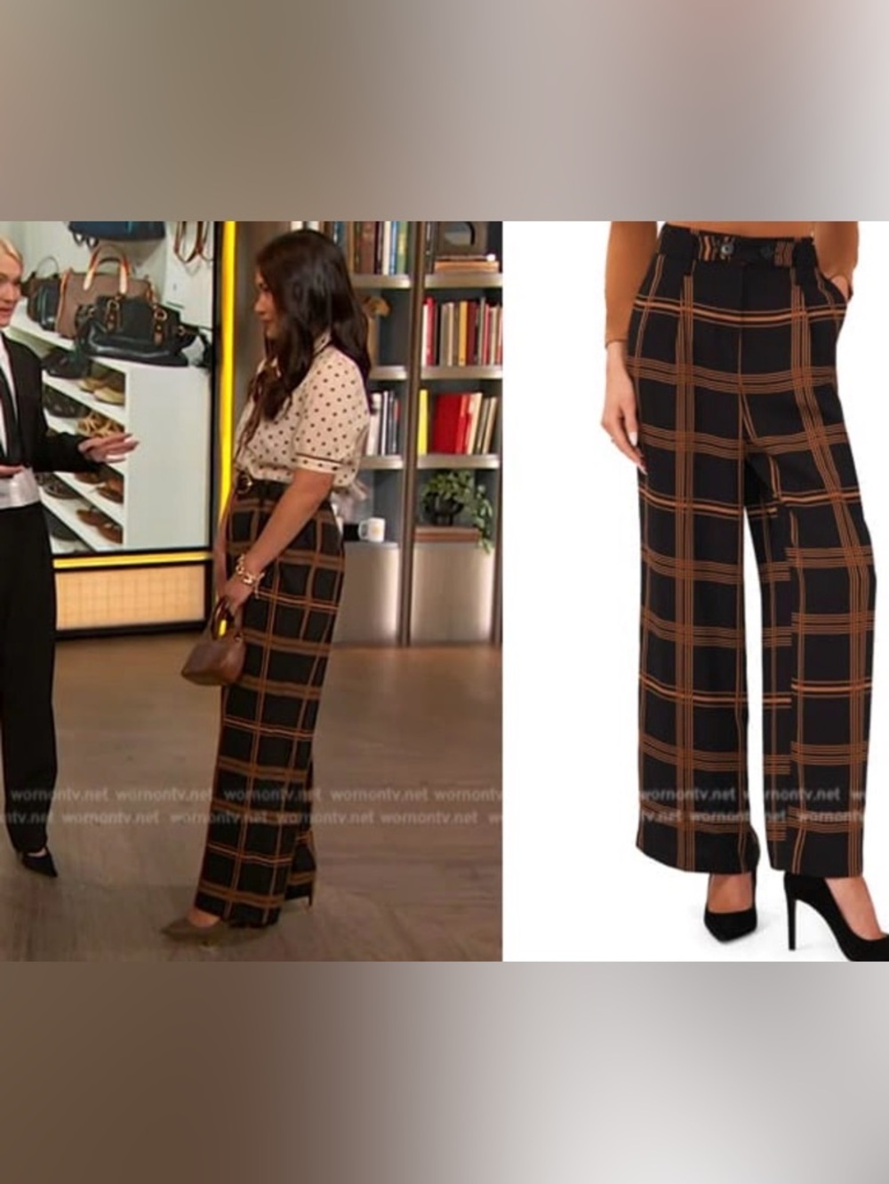 Halogen Black Wide-Leg trousers Pants with Brown Windowpane